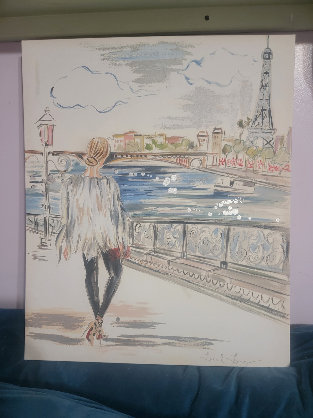 Stylish Woman in Paris Canvas Art Print - White, Blue, Black